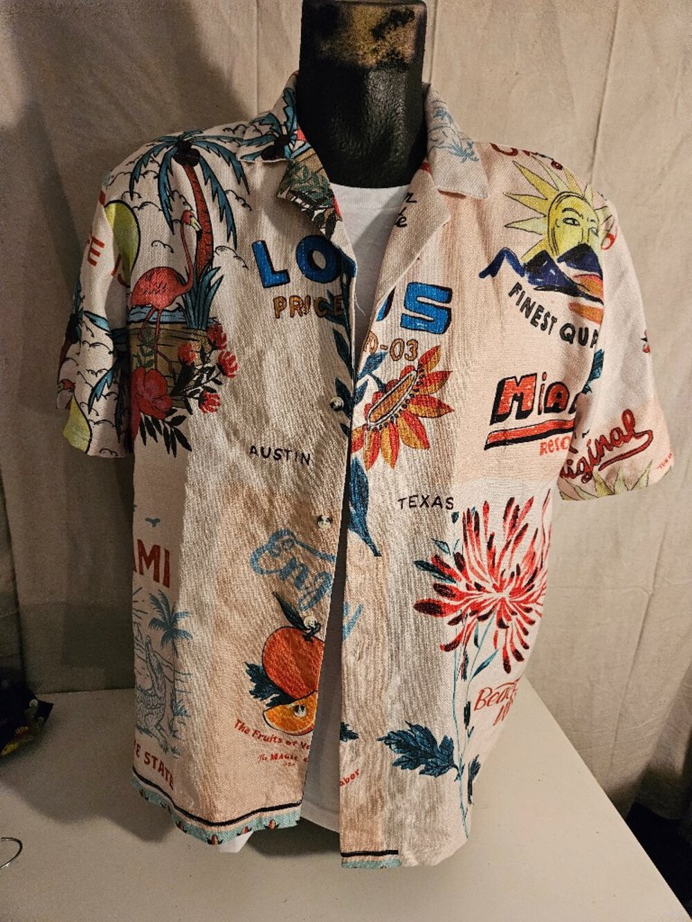 FUN Colorful Travel Inspired Shirt Men's Size Large Malibu Texas Florida Tropics